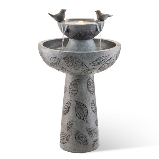 Glitzhome® 26" LED 2-Tier Birdbath Outdoor Fountain with Birds in Stone Gray | 14.5" x 14.5" x 26" | Michaels®